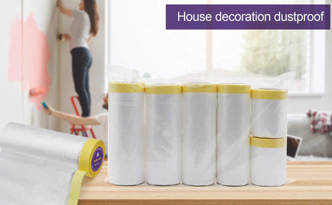 Six Rolls Pre Taped Masking Film Set For Automotive Painting Drape And Cover Multi Size on wooden table with room backdrop