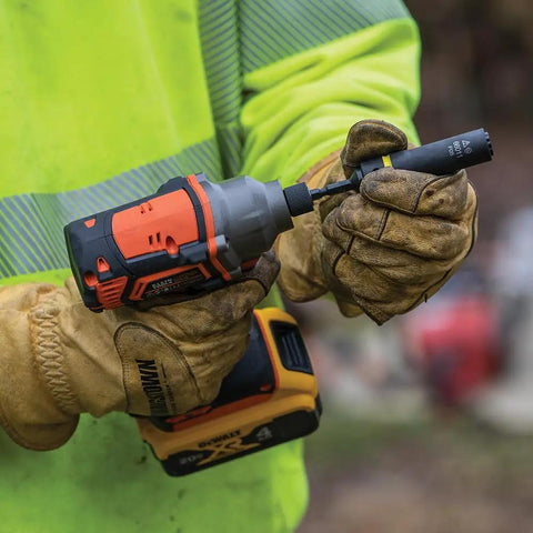 Person holding 20V Battery Powered Impact Driver With One Quarter Inch Hex Quick Connect 210 Foot Pounds Max Torque Brushless Motor
