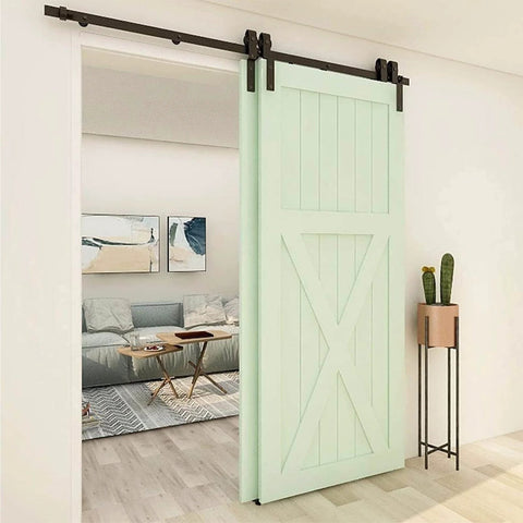 Beefy Heavy Duty Sliding Barn Door Hardware Kit For Double Doors Quiet Stable Monorail Rail System Bypass Sliding Kit With Carbon Steel Rails And Stainless Steel Bearings Load Capacity 150 Kilograms installed view with green barn door