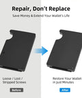 Holds It Tight With Top Tier Ridge Wallet Screw Replacement Kit. Gets You A T5 Torx Driver Plus Thread-Locking Screws That Never Loosen For Your Daily Carry Slim Gear. Solid Repair Setup That Keeps Your Wallet Secure And Ready To Rock Anytime Without. before and after black metal wallet repair kit with loose screws