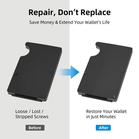 Holds It Tight With Top Tier Ridge Wallet Screw Replacement Kit. Gets You A T5 Torx Driver Plus Thread-Locking Screws That Never Loosen For Your Daily Carry Slim Gear. Solid Repair Setup That Keeps Your Wallet Secure And Ready To Rock Anytime Without. before and after black metal wallet repair kit with loose screws