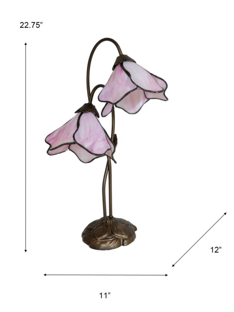 Poelking 2-Light Pink Lily Table Lamp With Bronze Finish 12 Inch Square Base And 21 Inch Tall Elegant Glass Lily Panels