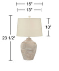 Cozy Farmhouse Coastal Table Lamp With Textured Dot Jug Base, 23 1/2 Inch High, Oatmeal Shade, Beige Earth Finish, dimensions shown
