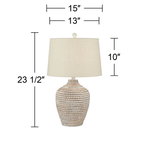 Cozy Farmhouse Coastal Table Lamp With Textured Dot Jug Base, 23 1/2 Inch High, Oatmeal Shade, Beige Earth Finish, dimensions shown