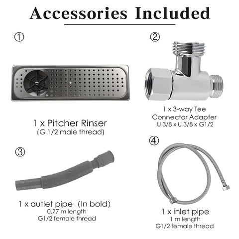 Sleek Countertop Glass Cleaning Machine For Bustling Cafes And Dive Bars accessories including pitcher rinser and connector.