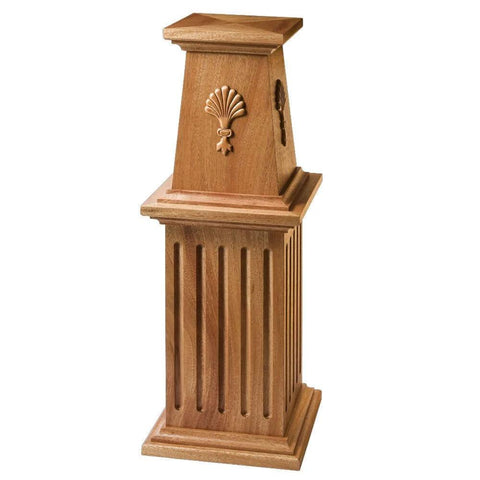 Wooden pedestal with carved flutes and decorative accents, showcasing Router Fluting Jig For Perfect Flutes Pro Grade Setup.