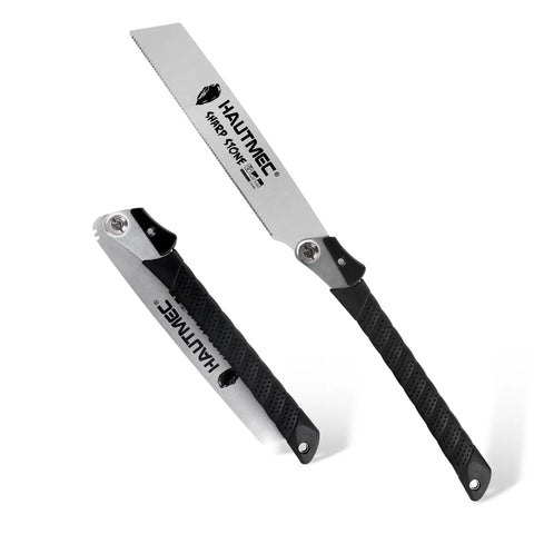 Foldable 9 Inch Kataba Pull Saw For Woodworking, 17 TPI Fine Tooth SK5 Steel Hand Saw with black handle, side view.