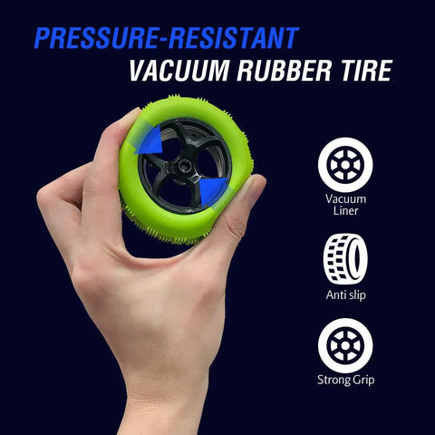 Hand holding a vacuum rubber tire from Two Pack RC Stunt Cars For Kids Fast 2.4GHz Remote Control Off Road Rock Crawler 4WD.