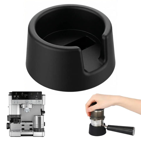 Non Slip Silicone Coffee Tamper Base With Portafilter Holder For Luxe Cafe ES601 ES701 shown with espresso machine and hand tamping