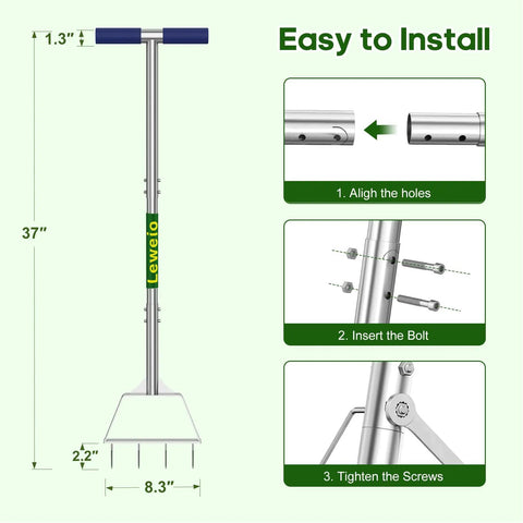 Diagram showing Semi Assembled Lawn Aerator With Four Steel Spikes Non Clogging Design Ergonomic Handle installation steps.