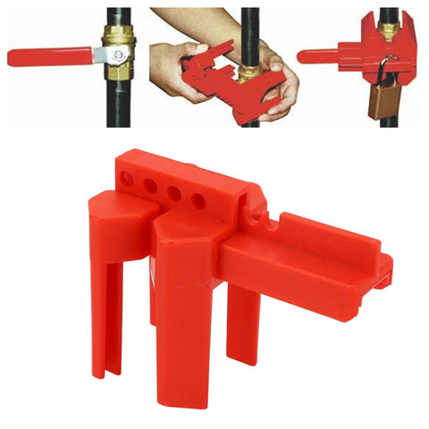 Heavy Duty Ball Valve Lockout Built Legit Industrial Grade To Secure Pipes Fast Featuring Smooth Universal Adjustments Flame Retardant Housing And No Sweat Setup For Total Job Site Safety shown securing a valve on a pipe.