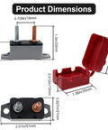Heavy Duty 30 Amp Automatic Reset Circuit Breaker With Tough Waterproof Red Cover For 12V 24V DC showing product dimensions and details.