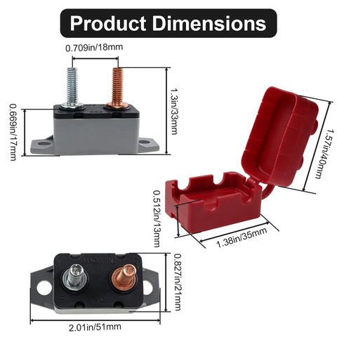 Heavy Duty 30 Amp Automatic Reset Circuit Breaker With Tough Waterproof Red Cover For 12V 24V DC showing product dimensions and details.