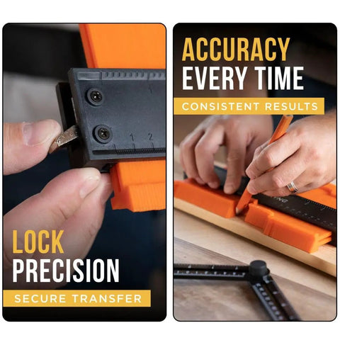 Contour Duplicator With Angle Finder And 10 And 5 Inch Profile Gauges For Perfect Cuts In Woodworking And Tile Projects, V2 2025 Upgraded Pins Won't Bend, Lock In Shape, Quick Repeatable Outlines being used for precise measurements and shape locking.