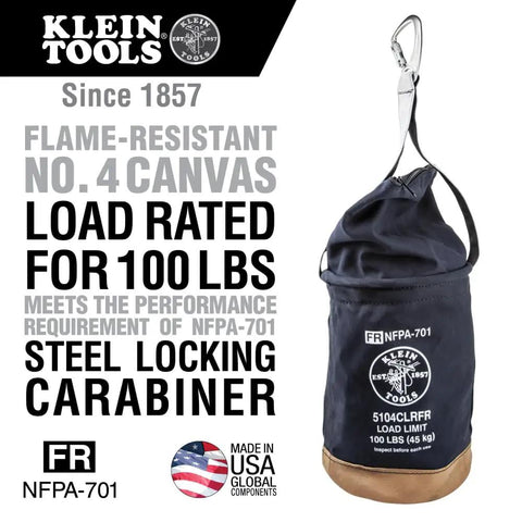 Beefy Heavy Duty Canvas Tool Bucket With Zip Top Flame Resistant Closure For Overhead Lifts, 100 Pound Load Capacity.