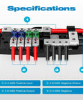 Four Way MIDI Fused Distribution Block For Car Audio And Marine Systems, 12V Wiring, Supports Two Inputs And Four Outputs, Ground Connection, 0 To 4 Gauge Capacity, Includes Mini ANL Fuse Mount For Safe Organized Power, copper block