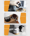 Dual Head Espresso Coffee Distributor And Adjustable Tamper With Bamboo Base Smoothly Fluffs And Levels Grounds For Dead Nuts Consistent Pulls In 51MM Portafilter Baskets in use with coffee grounds.