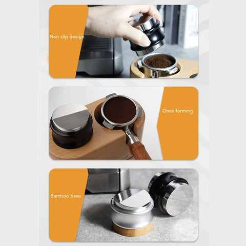 Dual Head Espresso Coffee Distributor And Adjustable Tamper With Bamboo Base Smoothly Fluffs And Levels Grounds For Dead Nuts Consistent Pulls In 51MM Portafilter Baskets in use with coffee grounds.
