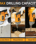 Corded 720 Watt Drill With Three Eighths Inch Chuck Variable Speed From Zero To Three Thousand Six Hundred RPM Multi Material Drilling For Concrete Metal And Wood With Speed Switch Beast Power For DIY And Pros in use on concrete, wood, and steel.