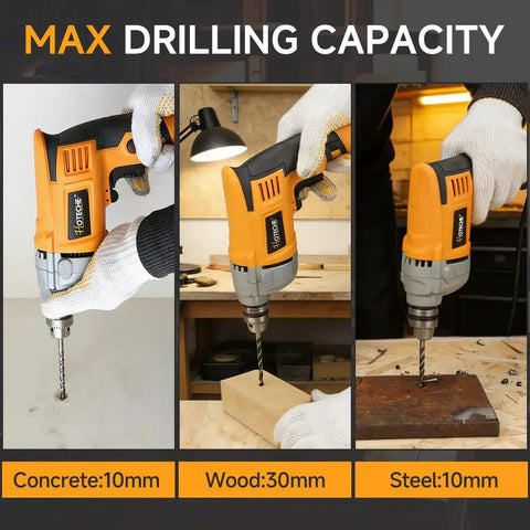 Corded 720 Watt Drill With Three Eighths Inch Chuck Variable Speed From Zero To Three Thousand Six Hundred RPM Multi Material Drilling For Concrete Metal And Wood With Speed Switch Beast Power For DIY And Pros in use on concrete, wood, and steel.