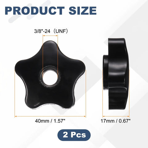 Black 2 Pack Star Clamping Knobs Featuring Fluted Grips 3 8 24 Unf Threads Made From Solid Plastic And Reinforced Iron Insert Built For No Sweat Adjustments And Heavy Duty Workshop Use, size 40mm and 17mm.