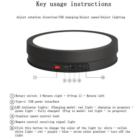 CHANGLKJ Led Rotating Turntable Display Stand With Remote Control 5000 Mah Battery electric platform showing key usage instructions.
