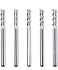 Set of five One Eighth Inch Aluminum End Mills Three Flute Flat Top Cnc Spiral Router Bits Upcut for milling metals