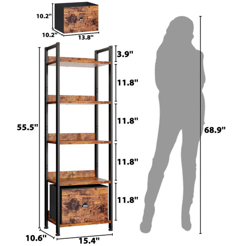 Dimensions of 5 Tier Bookshelf With Drawer Space Saving Tall Narrow Wood And Metal Storage Organizer Industrial Display Shelf Unit.