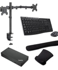 Thunderbolt 4 Workstation Dock With 230W Charging, 4K Output, Dual Screen Desk Mount, Wireless Keyboard And Mouse Combo including a dual monitor mount and keyboard.