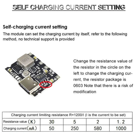 Dead Simple Five Pack 18650 Lithium Ion Battery Charger Board With Type C Input Dc Dc Step Up Module Adjustable Output showing self-charging current setting.