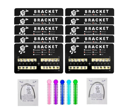Teeth Model Mini Roth Brackets Roth 022 Slot Bondable With Hook Stainless Steel 200 pieces, wires, and color ligatures.