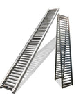 Foldable Portable Gravity Conveyor Roller System For Docks And Truck Trailers, 12 Inch Wide By 10 Foot Long Splice Unloading Belt Conveyor, Lightweight Stainless Steel Unloading Slide For Easy Loadouts, shown flat and folded.