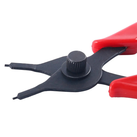 10 Piece Snap Ring Pliers Set For Internal And External Circlip Pliers Retaining Ring Pliers Quick Conversion Thumbscrew With Pivoting Jaws Pro Grade Heavy Duty Tool Kit For Cars Trucks Motorcycles And More, close-up of black pivoting jaws and red handles