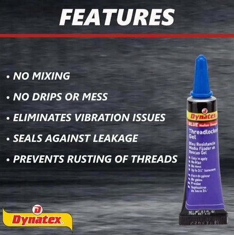 Product image of Blue Gel Threadlocker Medium Strength For Metal Fasteners Removable With Hand Tools Keeps Threads Tight In Vibration Prone Environments Solvent Resistant 0.20 Oz Bottle Pack Of 3 with illustrated features.