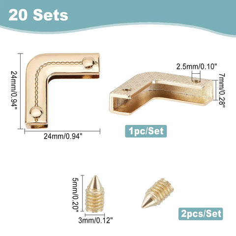 20 Pack Metal Corner Protectors For Purses And Bags, Scrapbooks, Albums And Folders - Zinc Alloy Edge Guards with Screws, Dimensions Shown