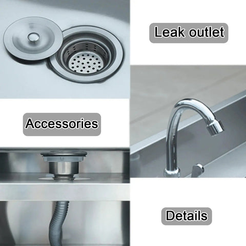 Top Shelf Heavy Duty Stainless Steel Kitchen Workbench With Integrated Sink And Smooth Sliding Cabinets showing sink drain and faucet details.
