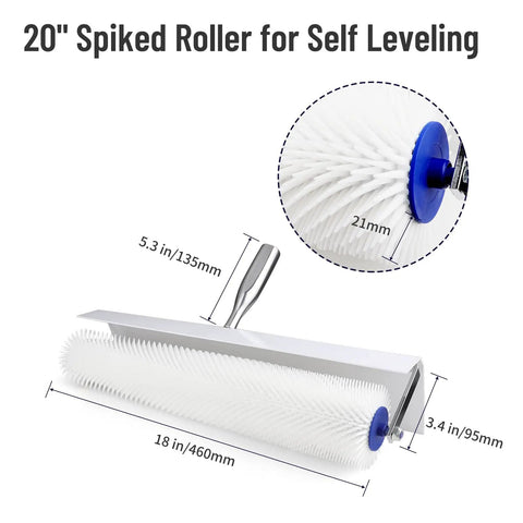 Spiked Roller For Self Leveling Concrete Floors, 20 Inch Total Length, 18 Inch Spiked Section, 21mm Needles, Chrome Frame