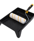 Pro Grade Paint Roller Kit For Weekend Warriors Slaps Down Walls Ceilings And Trim Fast Includes Nine Inch Rollers Adjustable Pole Angled Brush And Heavy Duty Paint Tray with black paint tray and nine inch roller.