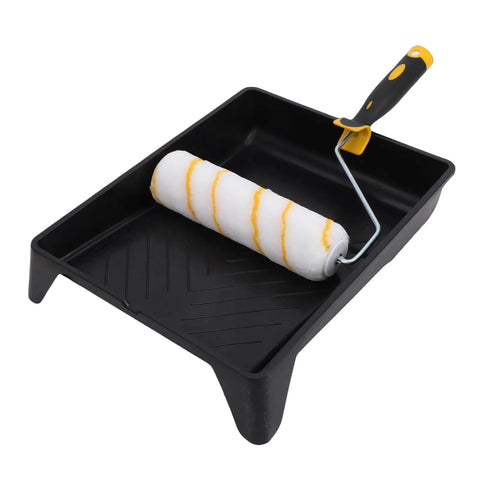 Pro Grade Paint Roller Kit For Weekend Warriors Slaps Down Walls Ceilings And Trim Fast Includes Nine Inch Rollers Adjustable Pole Angled Brush And Heavy Duty Paint Tray with black paint tray and nine inch roller.