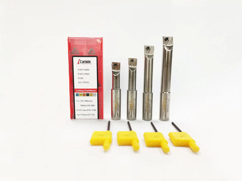 Four Piece One Half Inch Shank Indexable Boring Bar Set With Ten TCMT110204 Carbide Inserts For Precise Metal Machining displayed