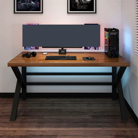 Dual Person Adjustable Standing Desk With Memory Preset Controls For Esports And Home Office features a wooden surface and black frame.