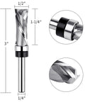 Pro Grade Extra Long Compression Flush Trim Router Bit With One Quarter Inch Shank And One Half Inch Cutting Diameter One And A Quarter Inch Cutting Length Spiral Pattern Template Router Bit For CNC Woodworking Edge Trimming shown with dimensions and close-up view of spiral pattern.