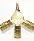 Three Eighths Inch Brass Flat Hex Manifold With Three Steel Industrial Couplers And One Steel Plug Kit For Heavy Duty Pneumatic Systems