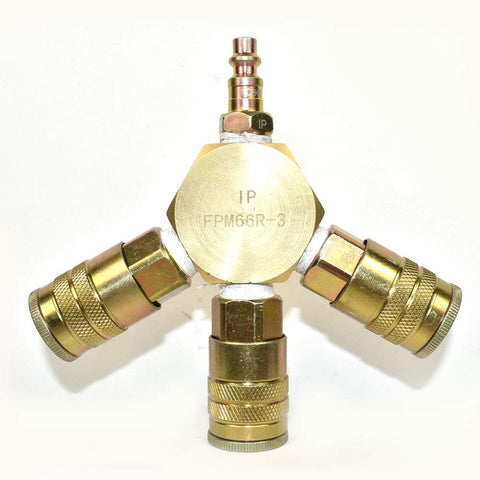 Three Eighths Inch Brass Flat Hex Manifold With Three Steel Industrial Couplers And One Steel Plug Kit For Heavy Duty Pneumatic Systems