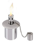Polished Stainless Steel Table Top Tiki Torch Canister With Refillable Fuel Reservoir For Outdoor Use Compact And Rust Resistant Patio Or Garden Light For The Ultimate Outdoor Vibe Made In USA, silver canister with flame and chain lid.