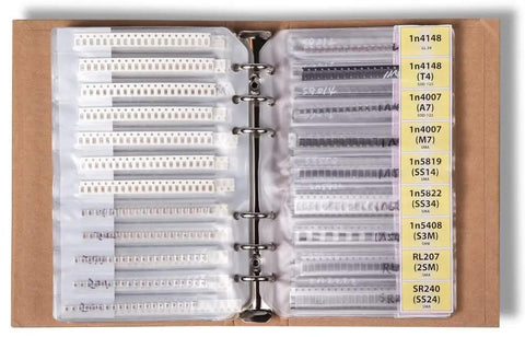 1206 SMT Electronic Components Book Kit With 5435 Pieces including resistors, capacitors, and transistors in an open binder