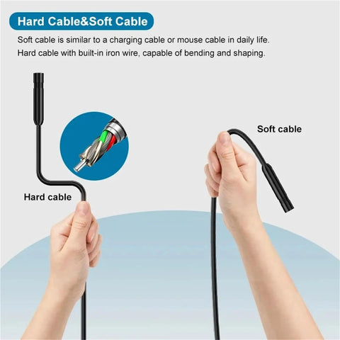 Straight Up Crisp 960P Industrial Endoscope Camera And Ten Meter Flexible Borescope with hard and soft cables shown in hands.
