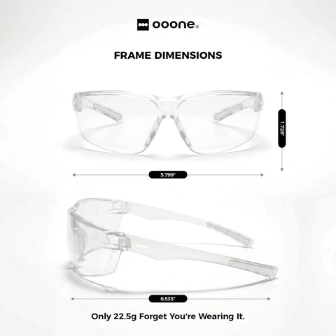 Built Tough Unisex Safety Glasses With No Sweat Anti Fog Lens And Z87 Plus High Impact Rating For Real Deal Eye Protection On Any Rough Work Site Today dimensions shown from front and side view