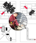 Graphic showing 48-Foot Dryer Vent Cleaning Kit With Chrome Button Locking System in use for deep duct cleaning
