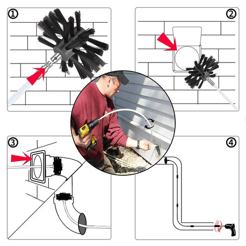 Graphic showing 48-Foot Dryer Vent Cleaning Kit With Chrome Button Locking System in use for deep duct cleaning
